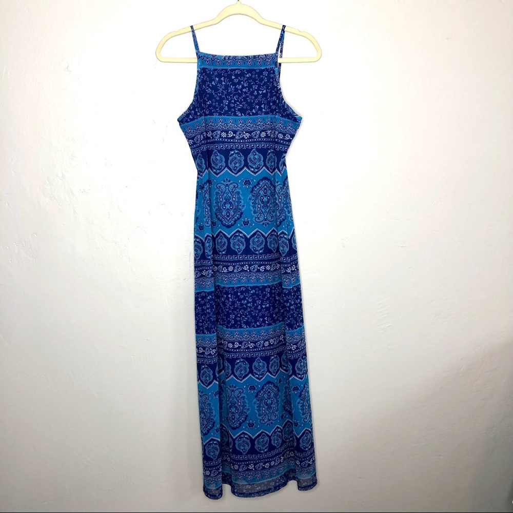 90s vintage Blue Paisley High Neck Maxi Dress